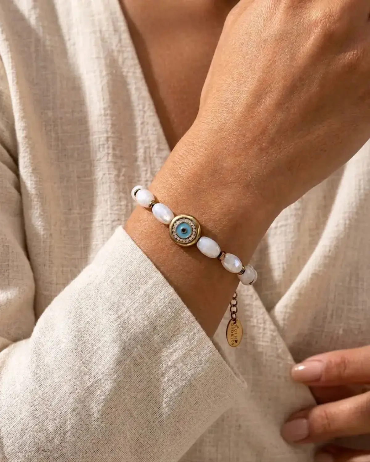 White Crystal Evil Eye Bracelet_model