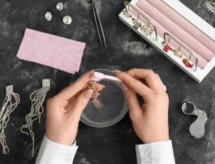Hands cleaning jewelry with a brush, surrounded by sparkling earrings and rings in a jewelry tray, alongside cleaning tools.